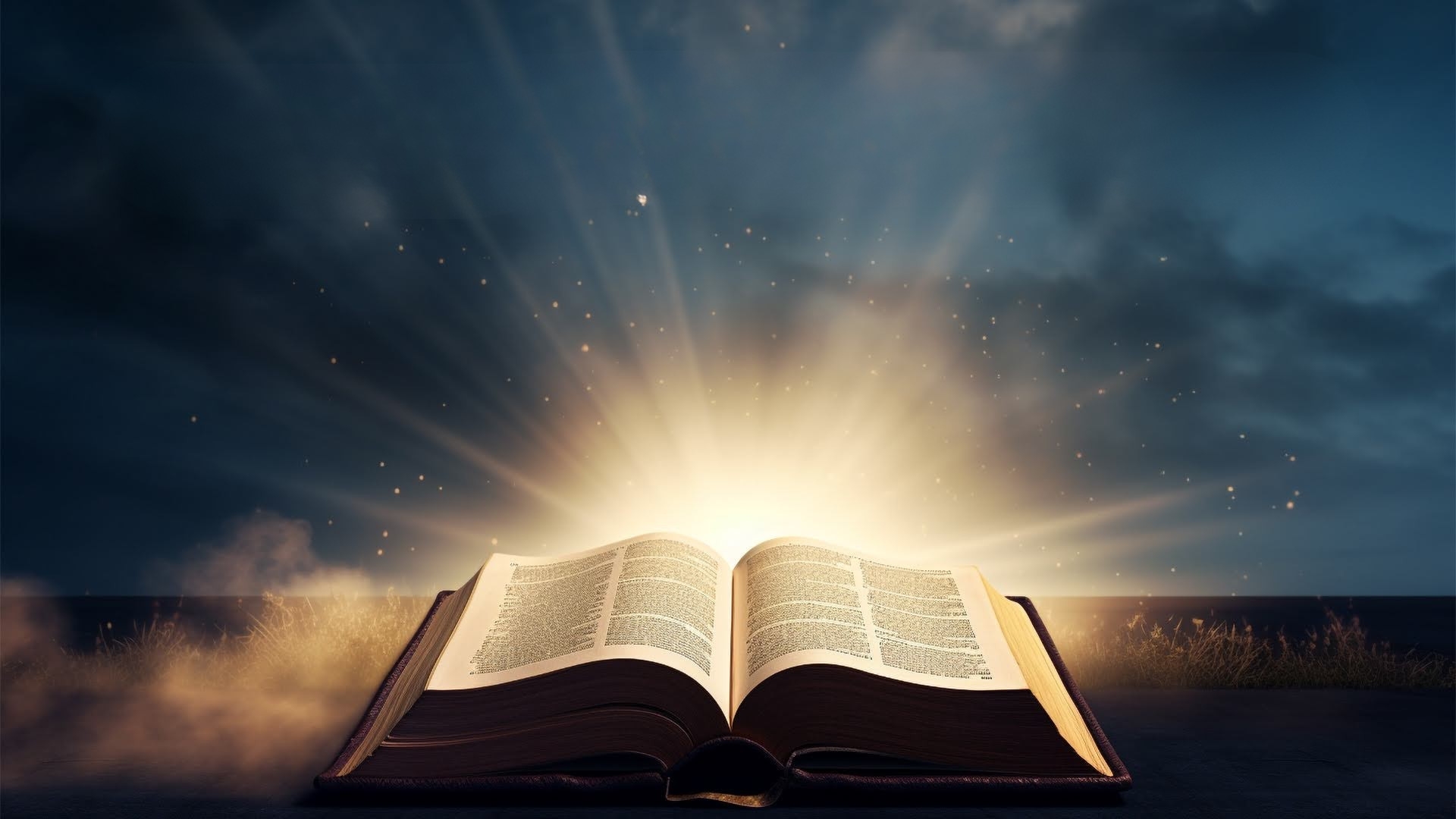Open Bible illuminated by golden light against a dark sky